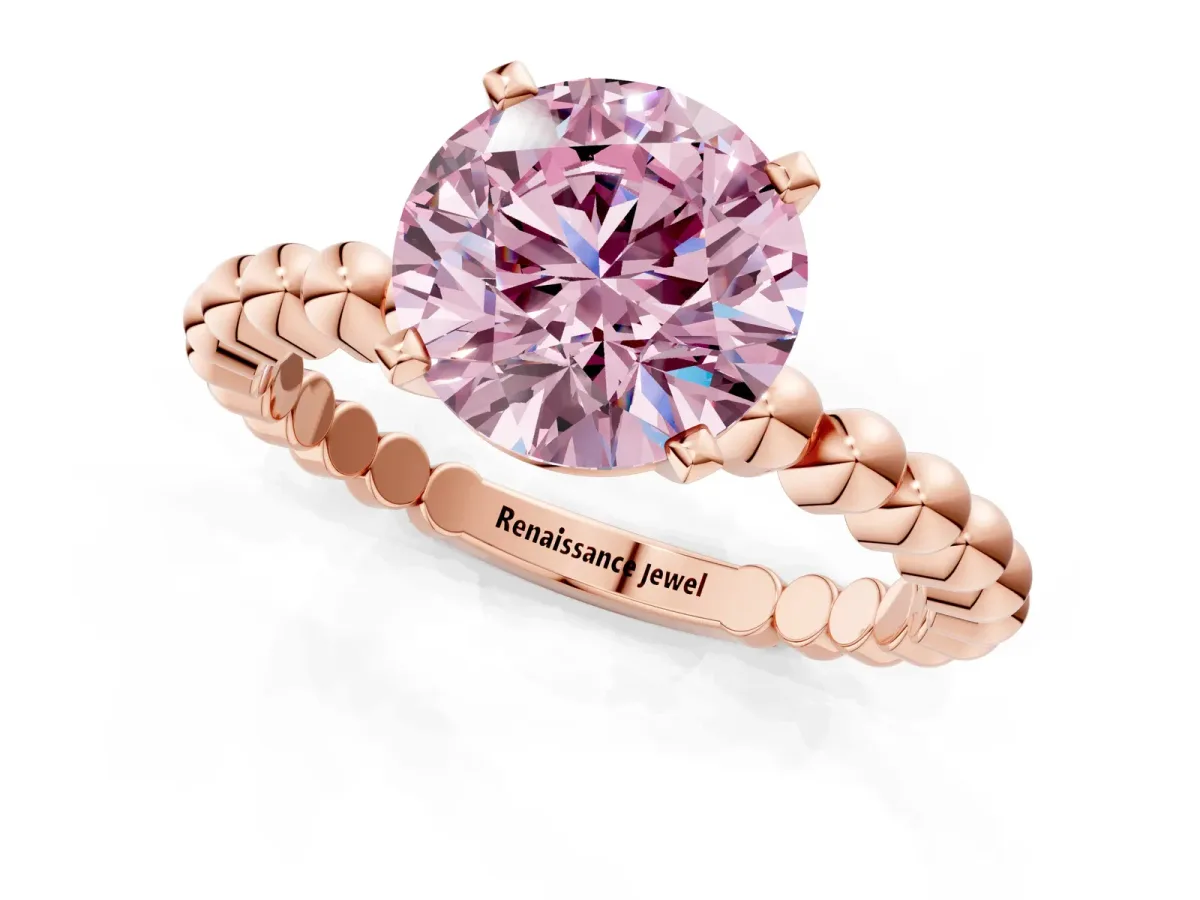 Fancy Pink Round Cut Diamond Solitaire Ring with Beaded Band and Prong Setting Rose gold