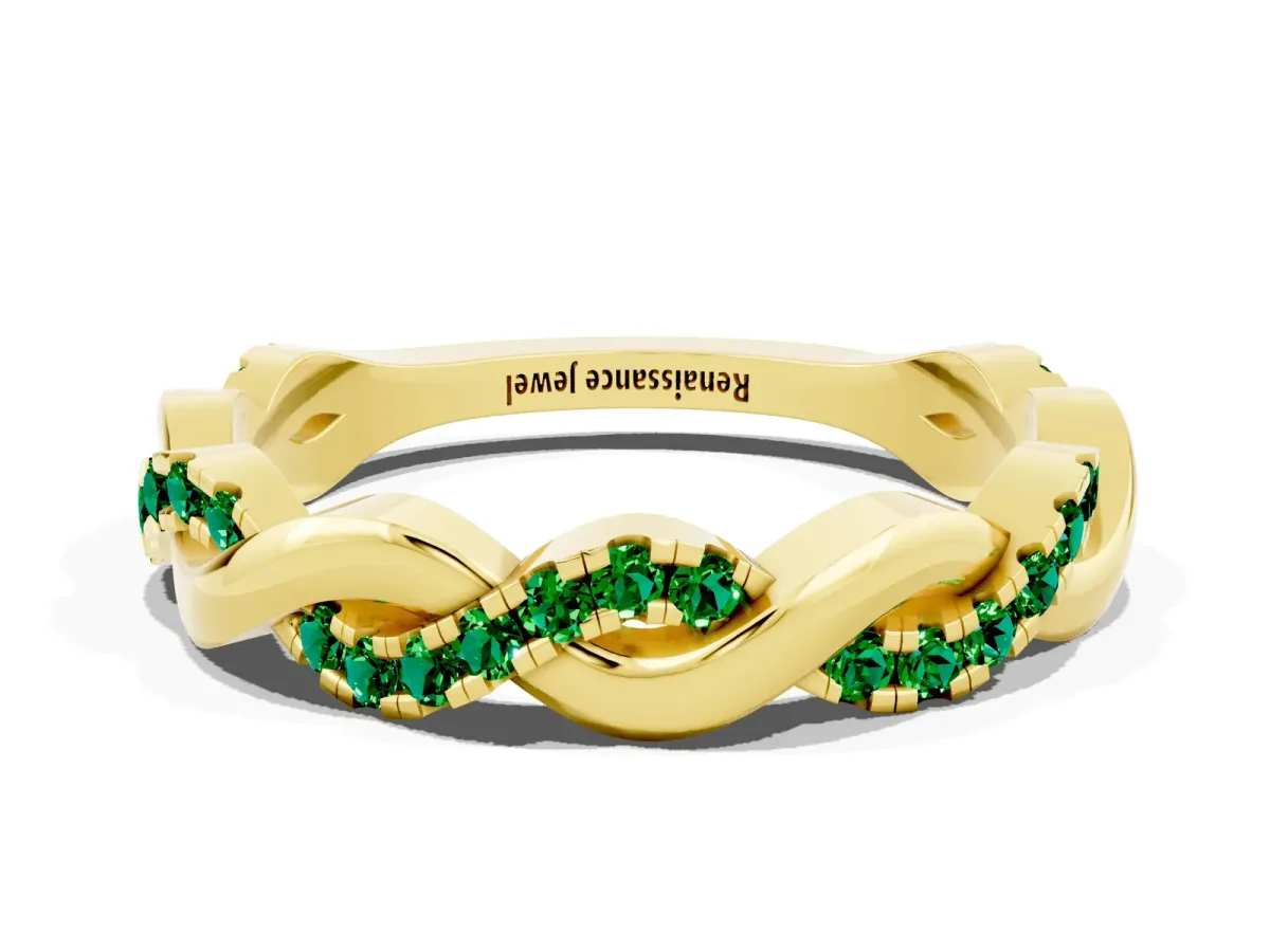 Pavé Round Emerald Twist Eternity Band with Shared Prong Setting Yellow gold