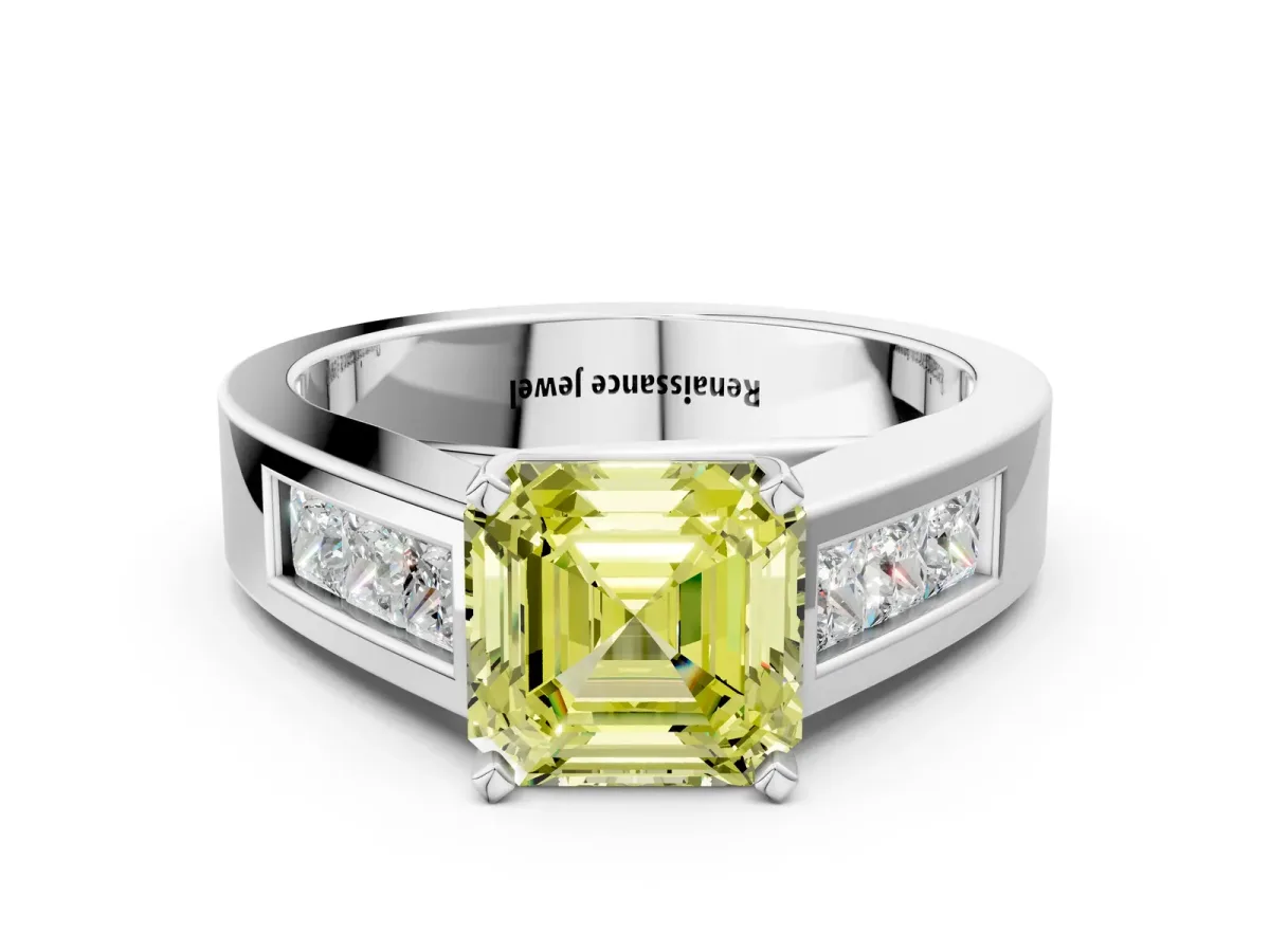 Fancy Yellow Asscher Cut Cut Channel Set Solitaire Ring with Four-Prong Setting Silver