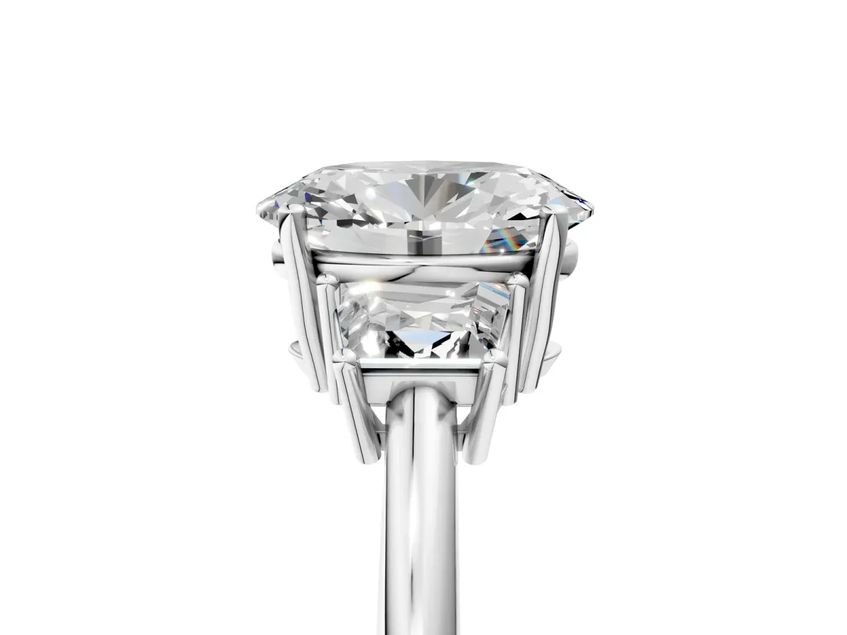 Oval Cut Diamond Three-Stone Ring with Trapezoid Side Stones and Prong Setting Platinum