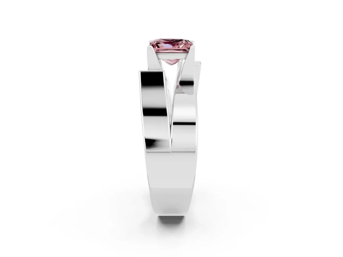 Modern Tension Set Princess Cut Morganite Solitaire Wide Band Ring Silver