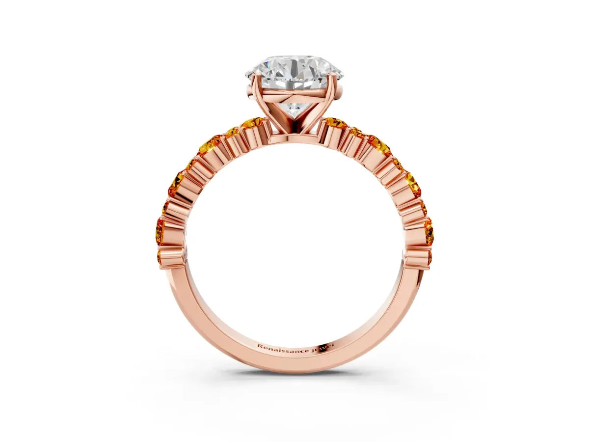 Round Cut Diamond Side Stone Solitaire Ring with Round Citrine and Four-Prong Setting Rose gold