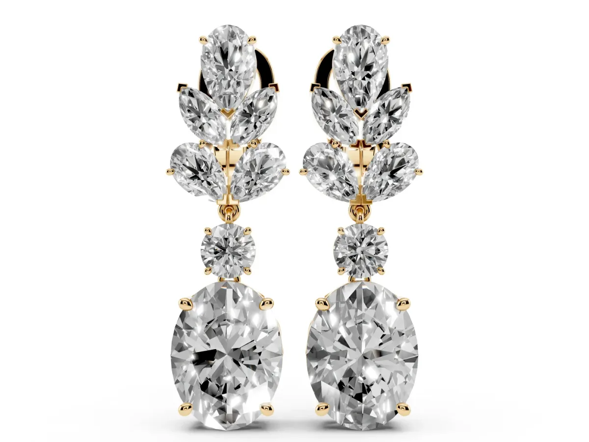 Pear, Marquise and Round Diamond Sacramento Drop Earrings Yellow gold