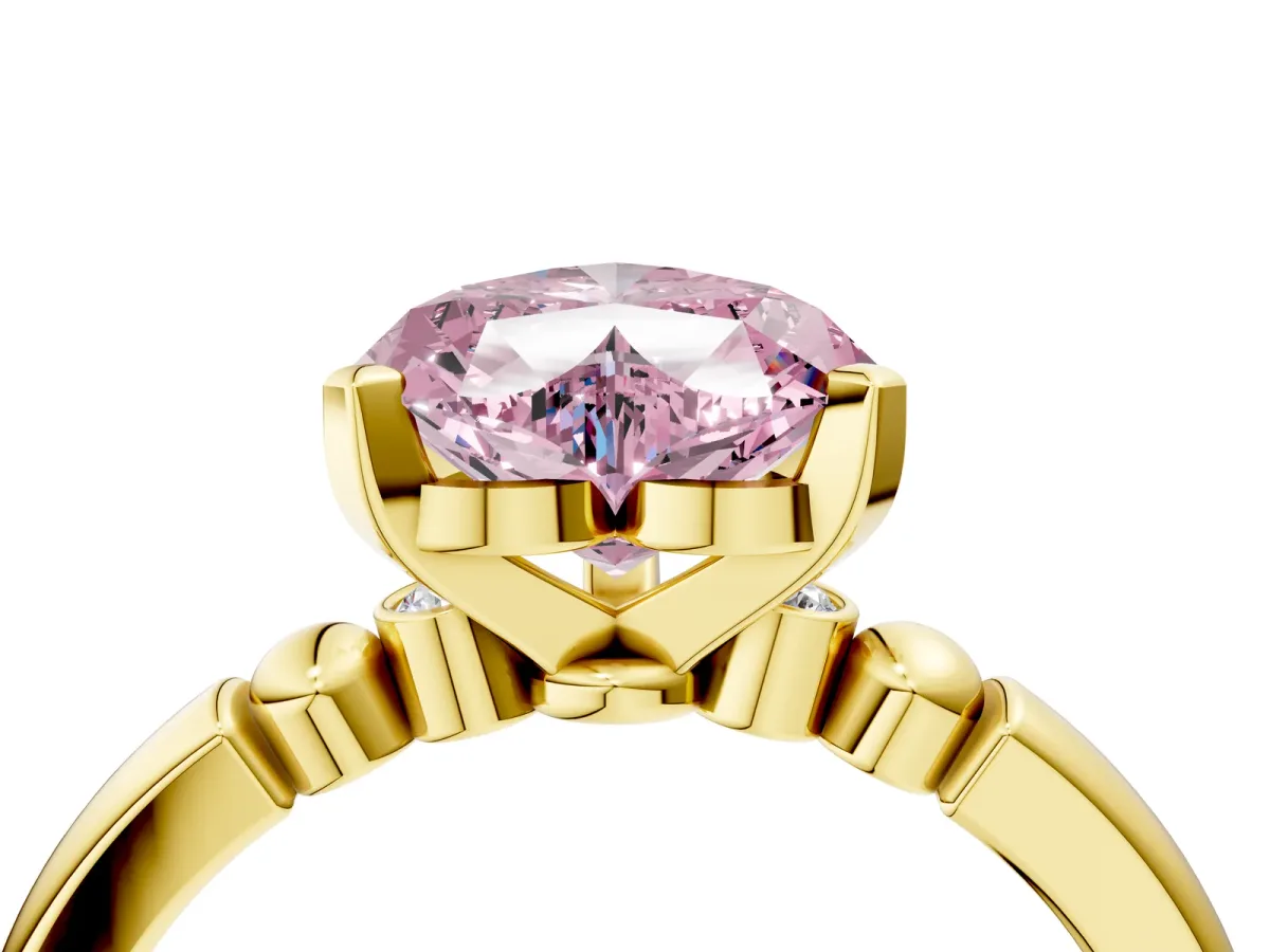 Fancy Pink Heart Cut Solitaire Beaded Band with Four-Prong Setting Yellow gold