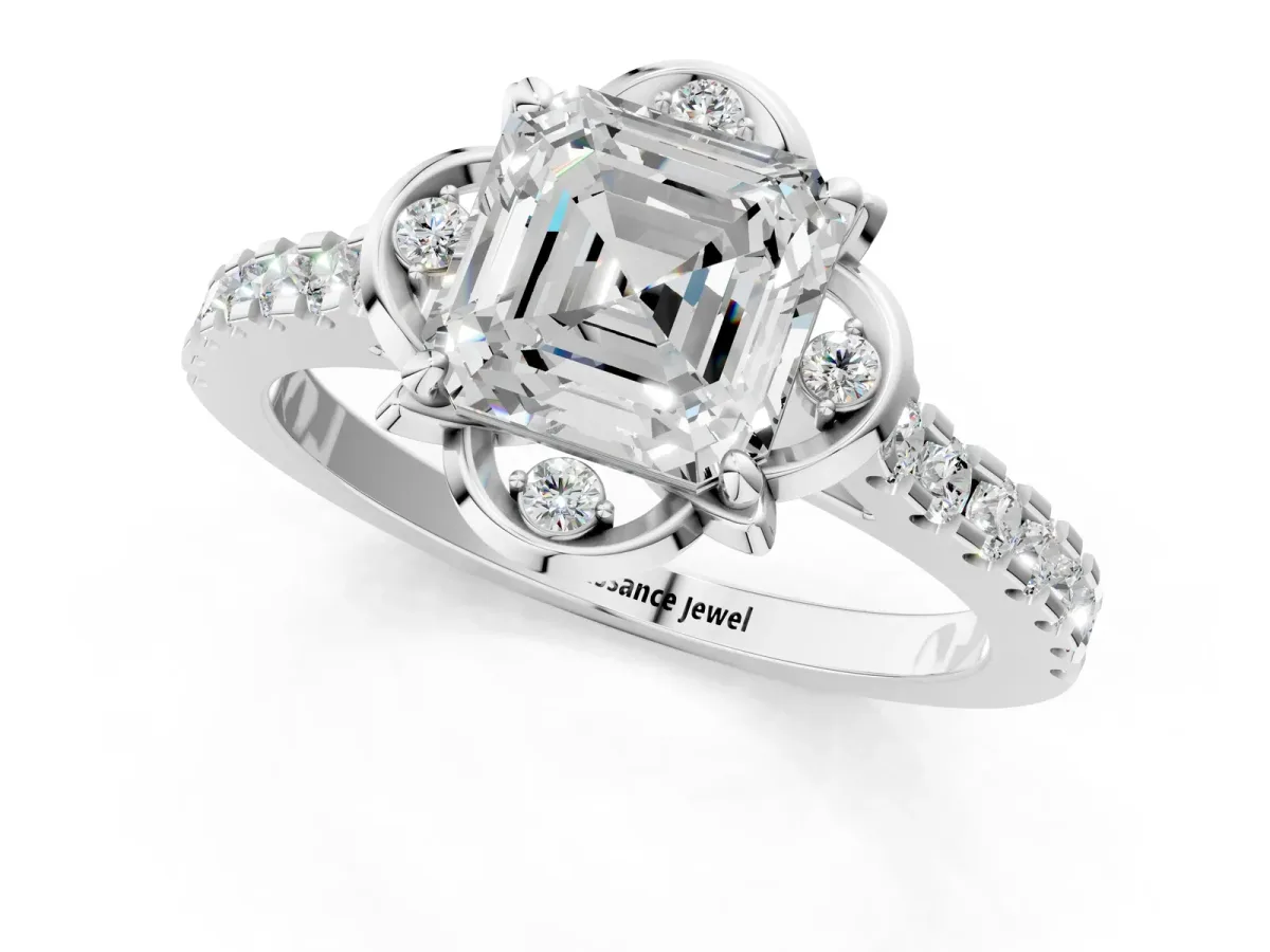 Asscher Cut Diamond Ring with Pavé Band and Floral Prong Setting Platinum