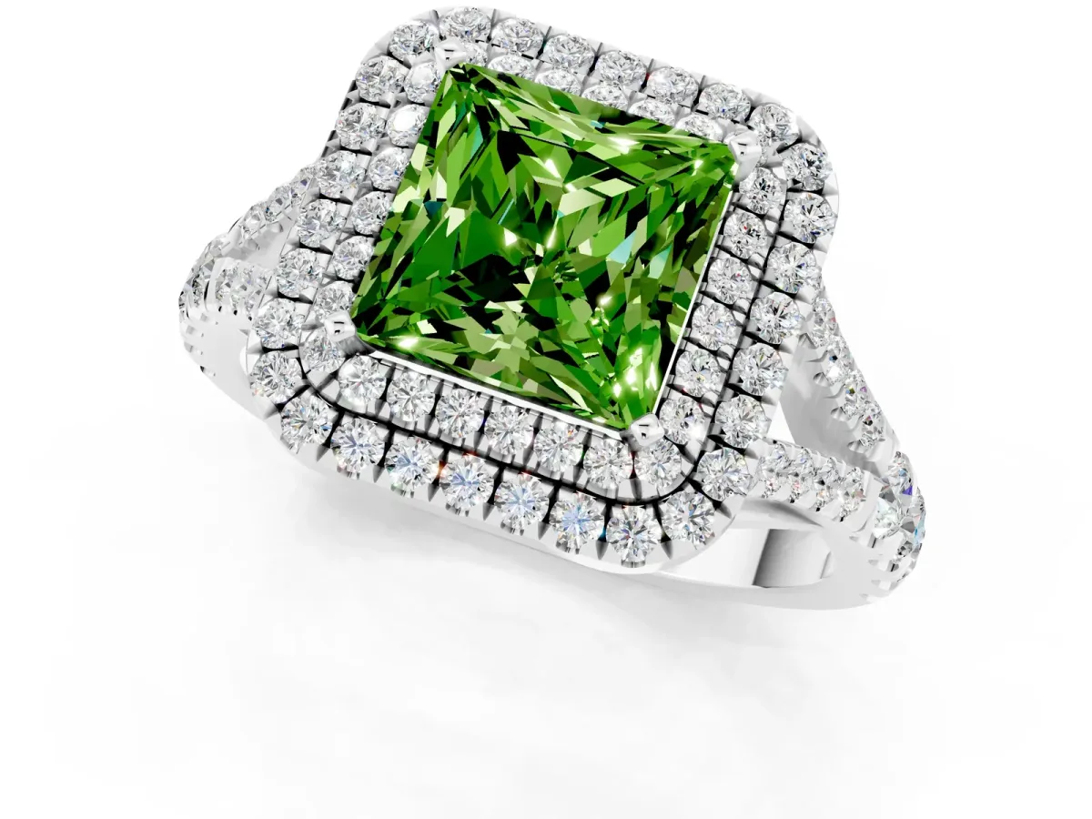 Double Halo Princess Cut Peridot Split Shank Engagement Ring with Four-Prong Setting White gold