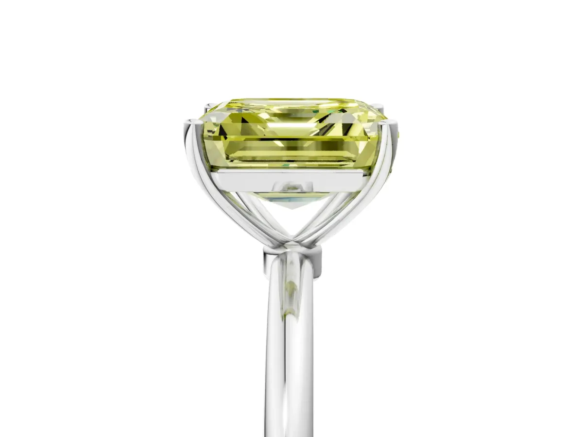 Fancy Yellow Asscher Cut Cut Solitaire Engagement Ring with Thin Band and Four-Prong Setting Platinum