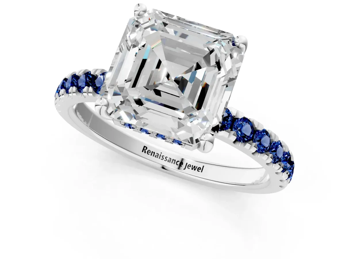 Asscher Cut Diamond Pave Band Solitaire Ring with Round Blue Sapphire and Prong Setting Silver
