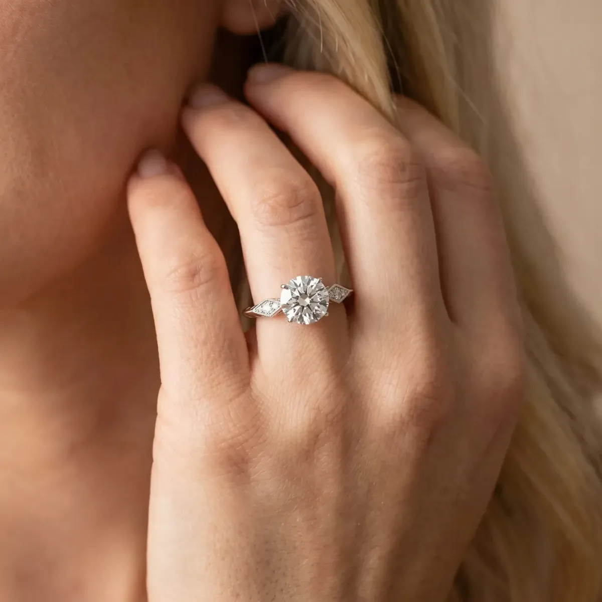 Round Cut Solitaire Diamond Ring with Milgrain Band and Four-Prong Setting Silver