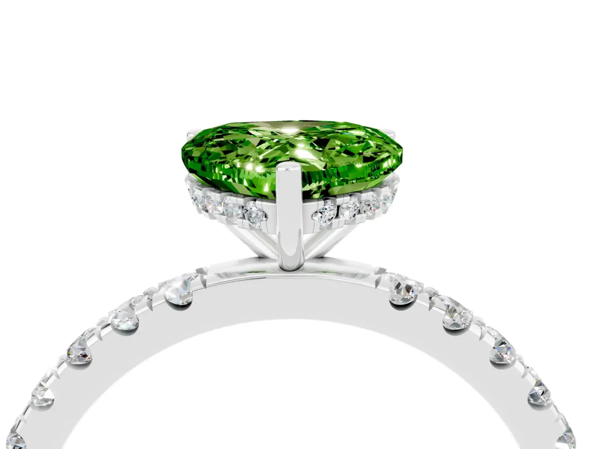 Heart Cut Peridot Pave Band Solitaire Ring with Round and Prong Setting Platinum