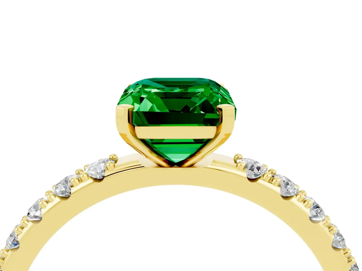Emerald Cut Emerald Solitaire Pavé Band with Four-Prong Setting Yellow gold