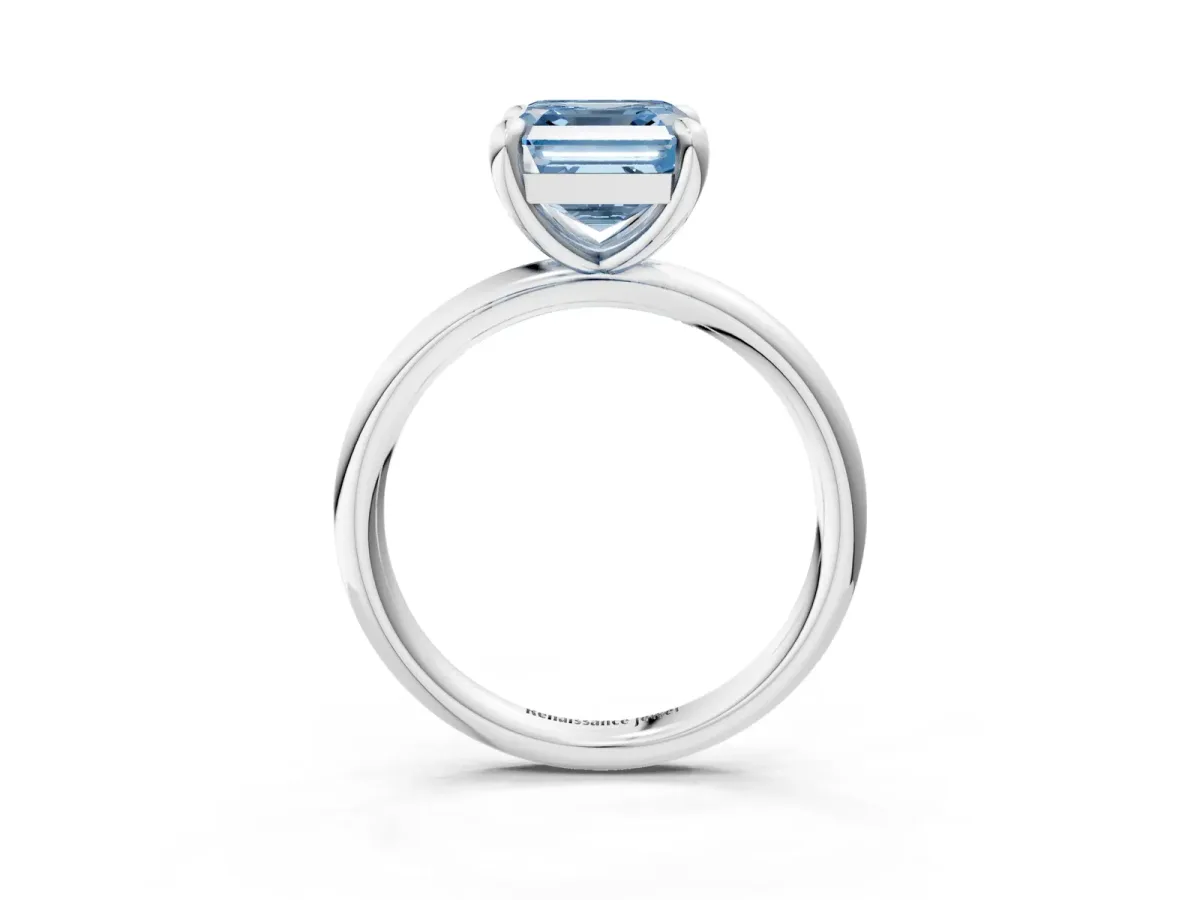 Fancy Blue Asscher Cut Solitaire Diamond Ring with Four-Prong Setting on a Plain Band Platinum