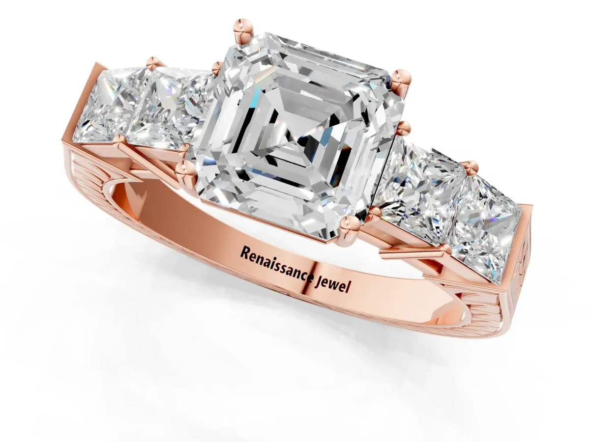 Asscher Cut Solitaire Princess Side Stone Engraved Band Prong Setting Ring Rose gold