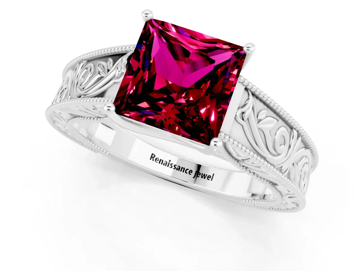 Princess Cut Garnet Solitaire Ring with Engraved Band and Four-Prong Setting White gold