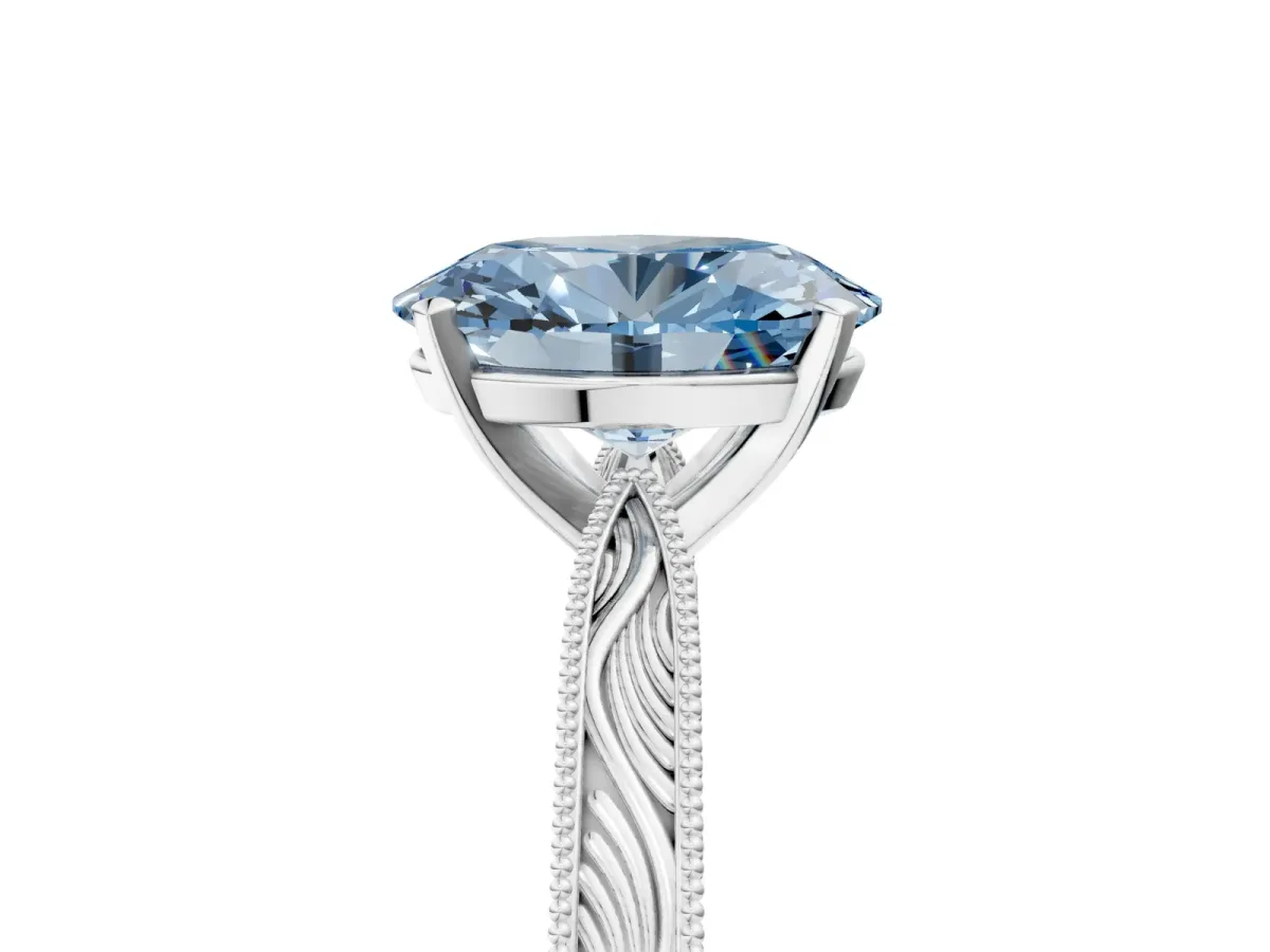 Fancy Blue Oval Cut Solitaire Milgrain Engraved Band with Four-Prong Setting White gold