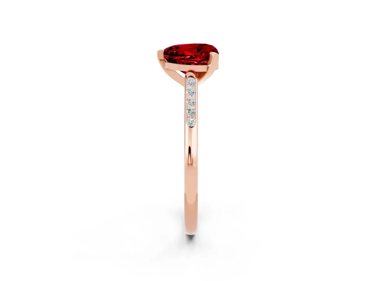 Heart Cut Ruby Solitaire Ring with Channel Set Round Band and Prong Setting Rose gold