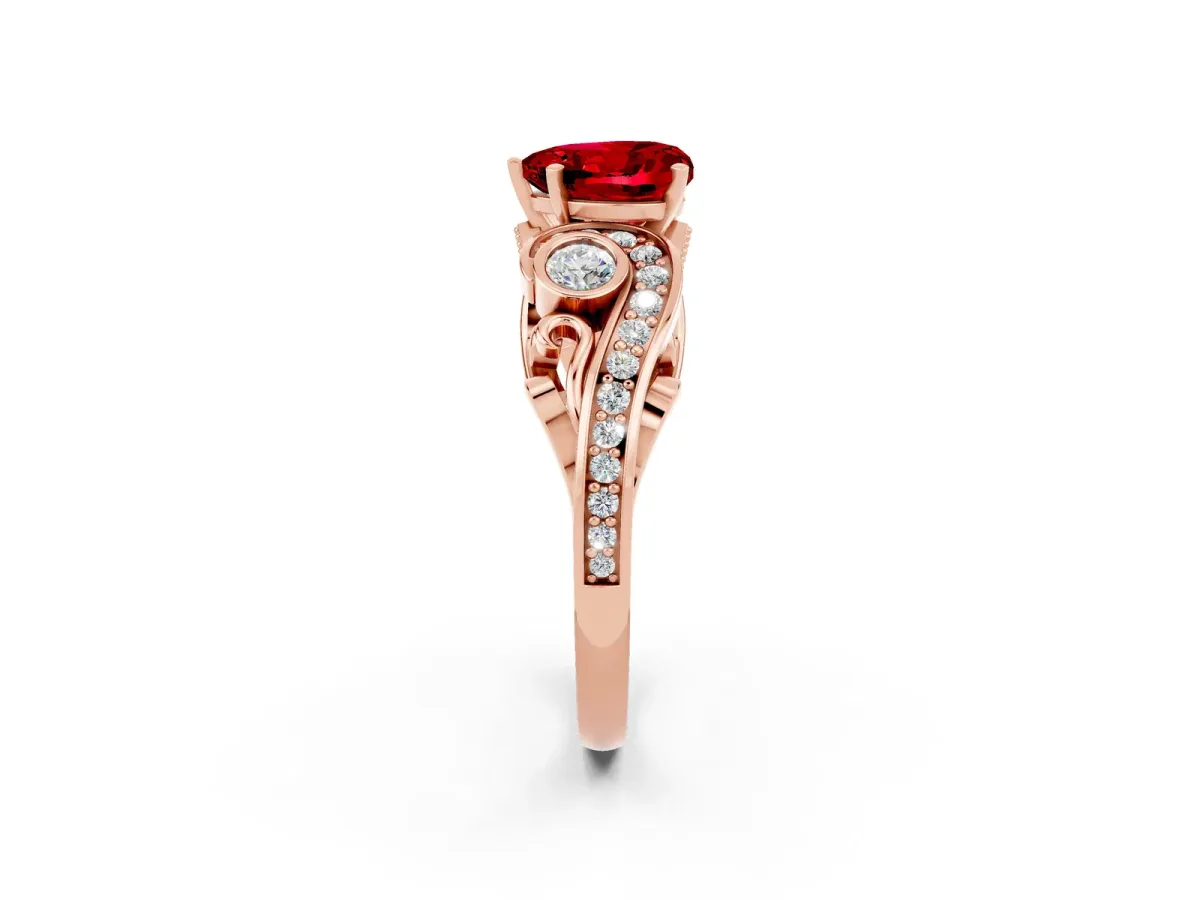 Heart Cut Ruby Solitaire Ring with Milgrain Pavé Band and Four-Prong Setting Rose gold