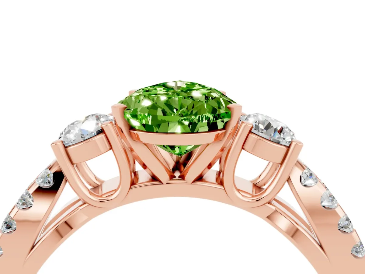 Pear Cut Peridot Three-Stone Ring with Pavé Split Shank and Four-Prong Setting Rose gold