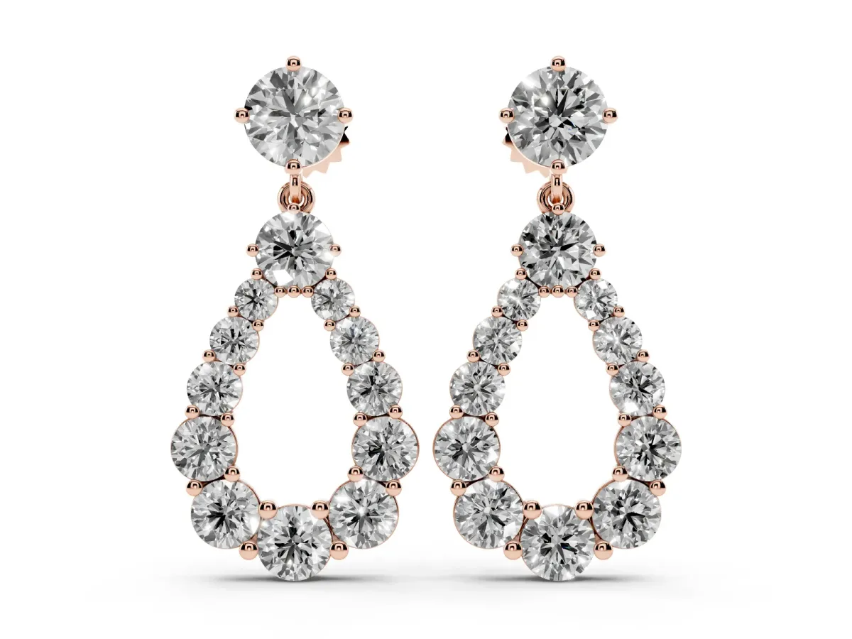 Round Cut Diamond Graduated Shared Prong Drop Earrings Rose gold