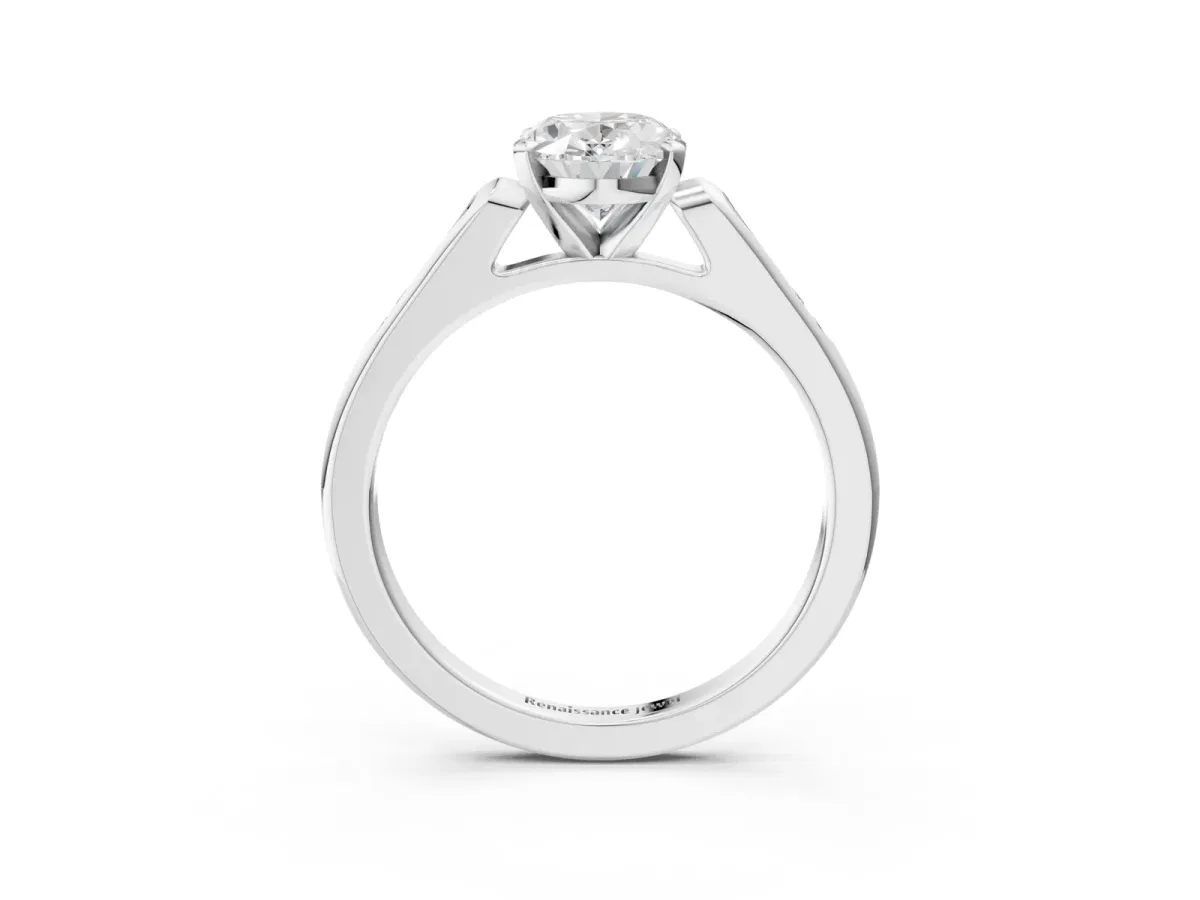 Oval Cut Diamond Solitaire Ring with Channel Set Round Band and Prong Setting Silver