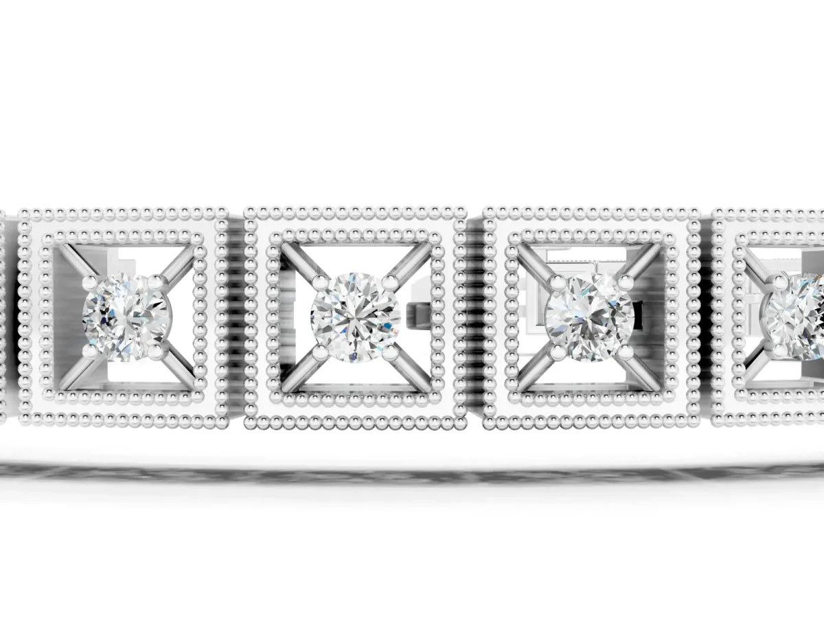 Milgrain Square Link Bracelet with Round Cut Diamonds in Bezel Setting White gold