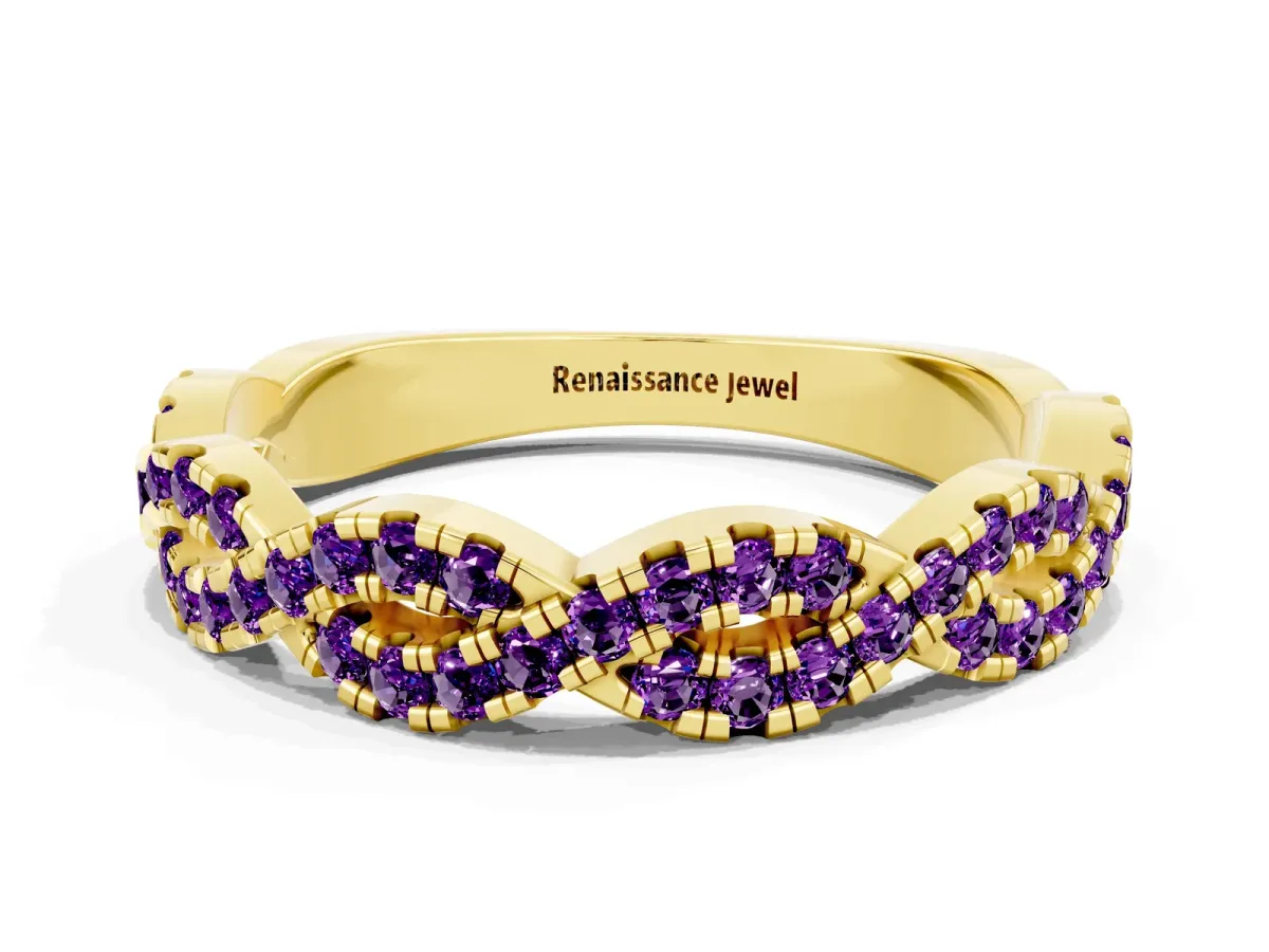Round Amethyst Twisted Eternity Band with Pavé and Shared Prong Setting Yellow gold