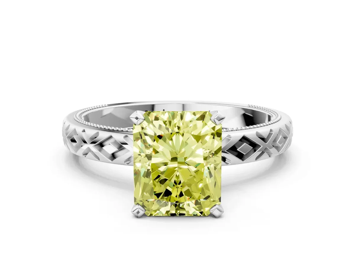 Fancy Yellow Radiant Cut Solitaire Diamond Ring with Milgrain and Black Enamel X Pattern Band Platinum