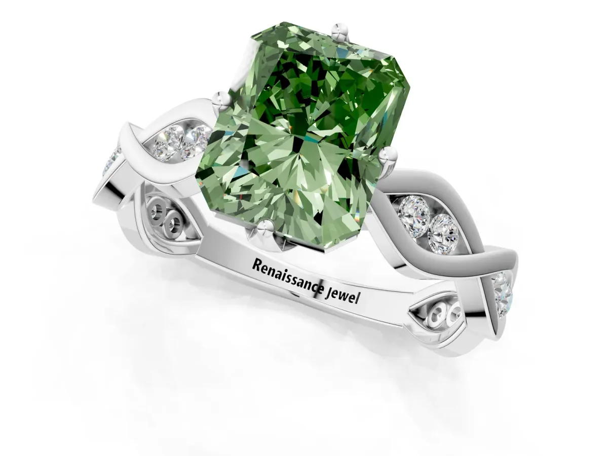 Fancy Green Radiant Cut Solitaire Twist Band with Leaf Prong Setting Platinum