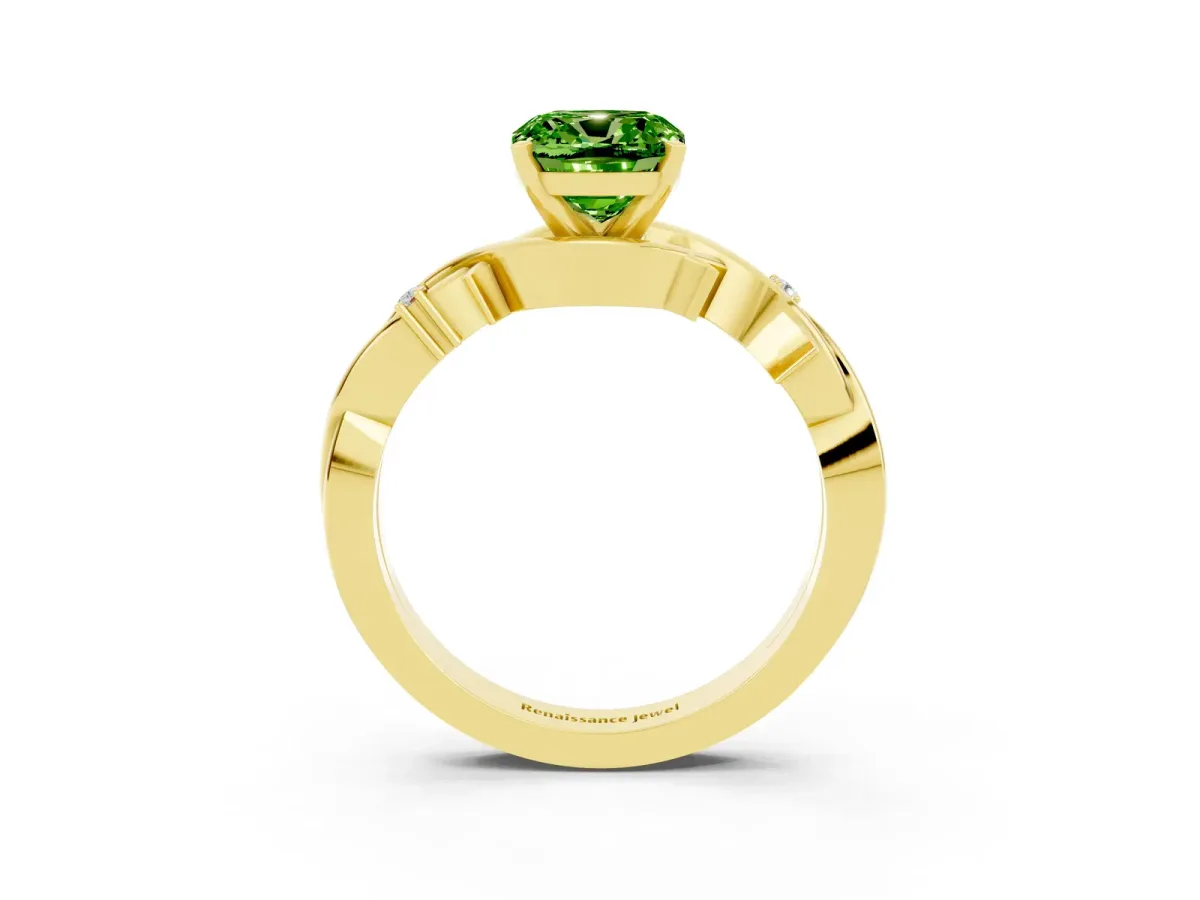 Cushion Cut Peridot Solitaire Ring with Twisted Band and Prong Setting Yellow gold