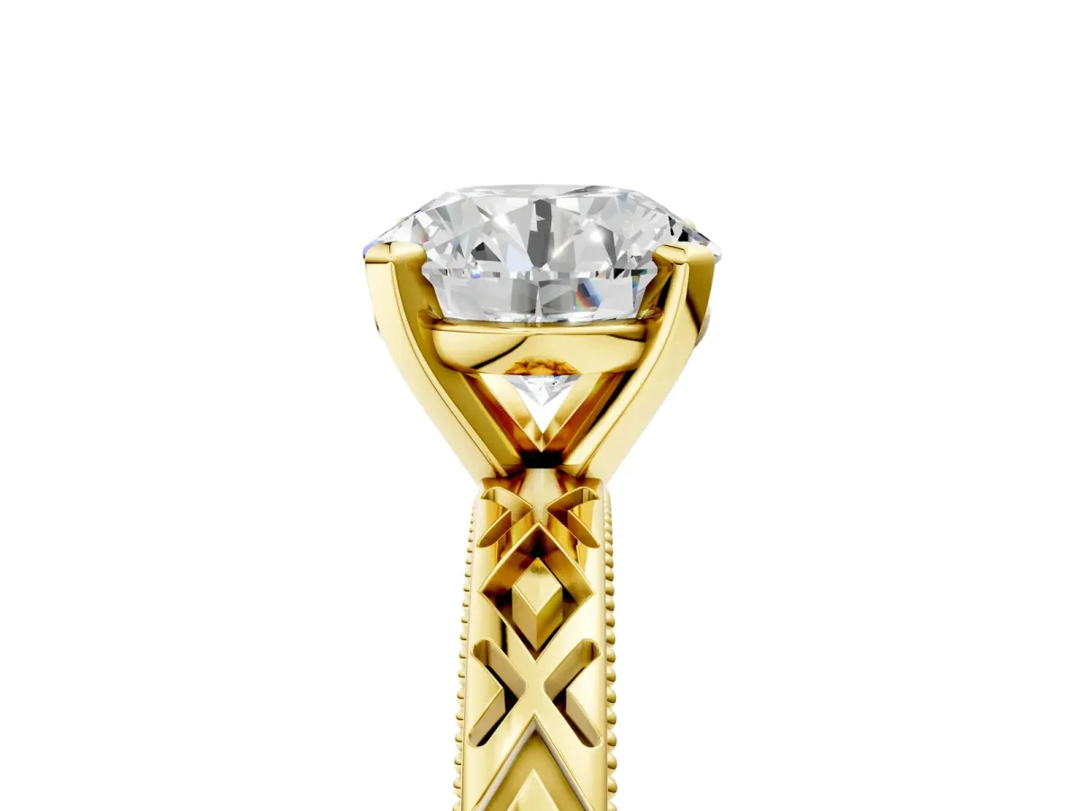 Round Cut Solitaire Diamond Ring with Milgrain and Black Enamel X Pattern Band Yellow gold