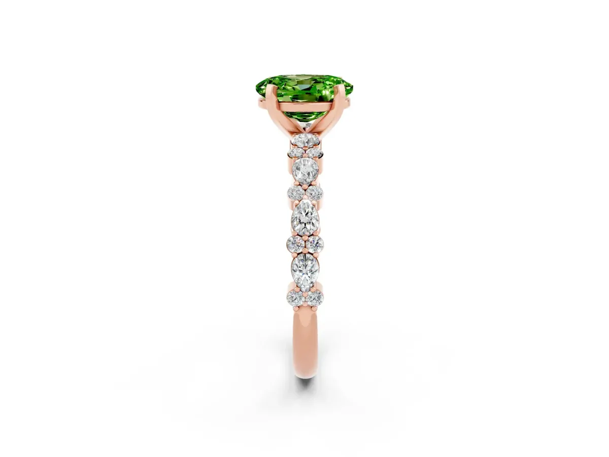 Oval Cut Peridot Side Stone Solitaire Ring with Round and Four-Prong Setting Rose gold