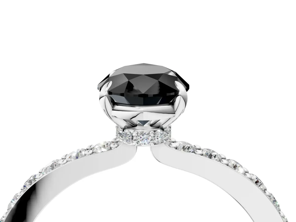 Fancy Black Pear Cut Diamond Solitaire Engagement Ring with Pavé Band and Four-Prong Setting Silver