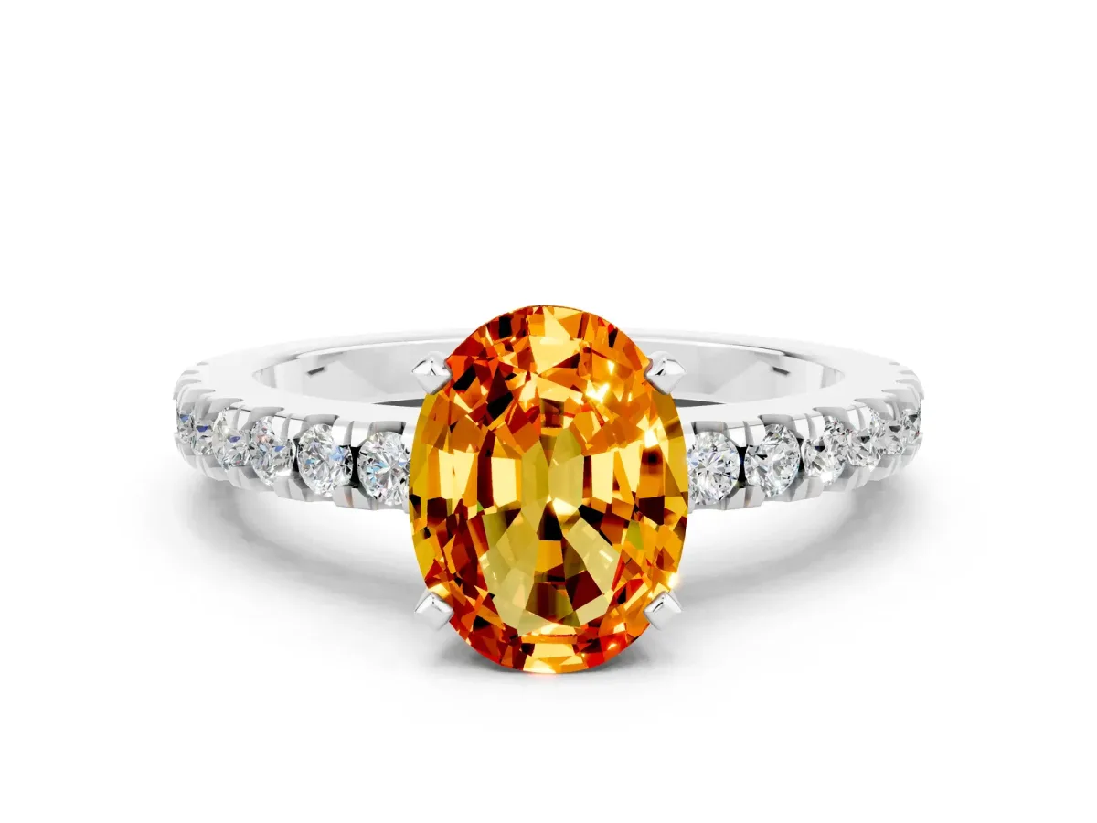 Oval Cut Solitaire Citrine with Pavé Band and Four-Prong Setting Platinum