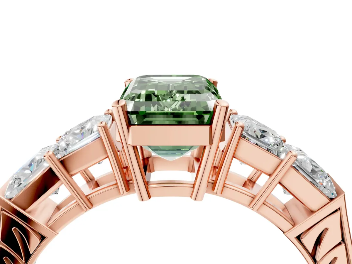 Fancy Green Emerald Cut Solitaire Princess Side Stone Engraved Band Prong Setting Ring Rose gold