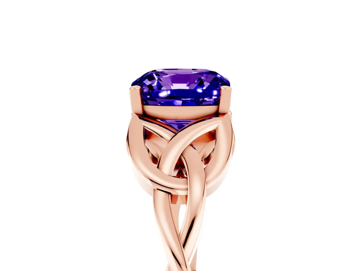 Cushion Cut Tanzanite Solitaire Celtic Knot Ring with Four-Prong Setting Rose gold