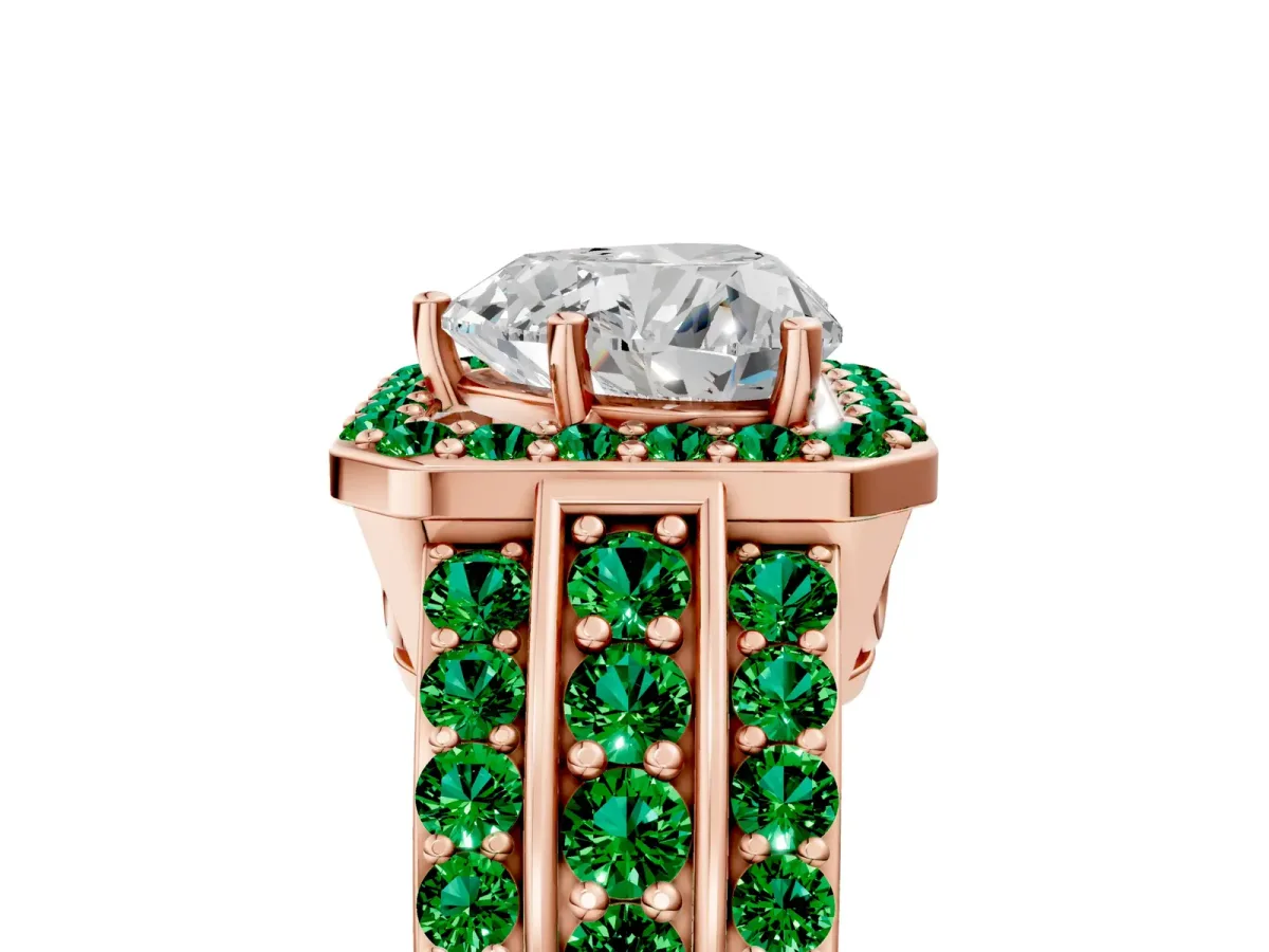 Heart Cut Halo Diamond Ring with Round Emerald Split Shank and Prong Setting Rose gold