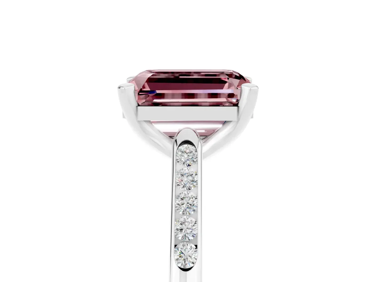 Emerald Cut Morganite Solitaire Ring with Channel Set Round Band and Prong Setting Silver