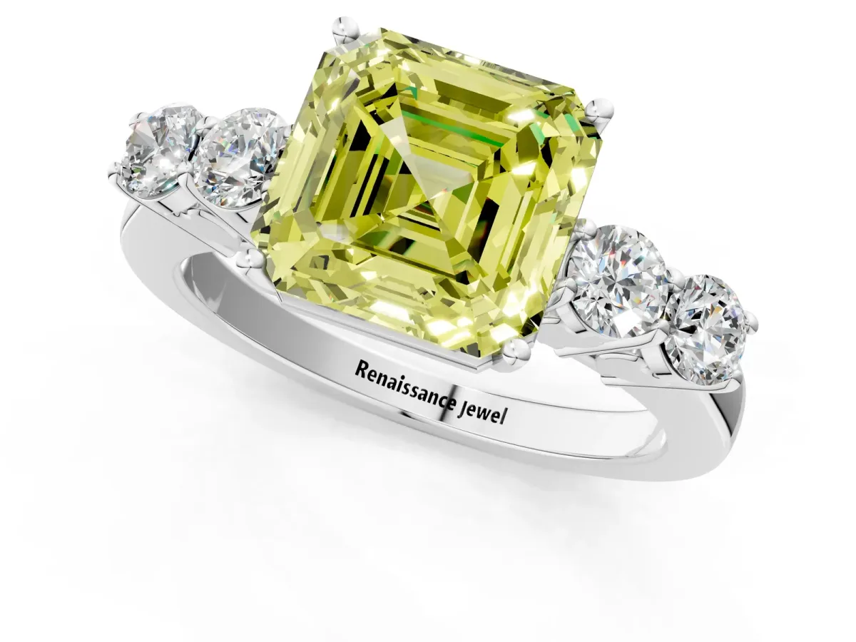 Fancy Yellow Asscher Cut Cut Diamond Five-Stone Prong Set White Gold Ring Platinum