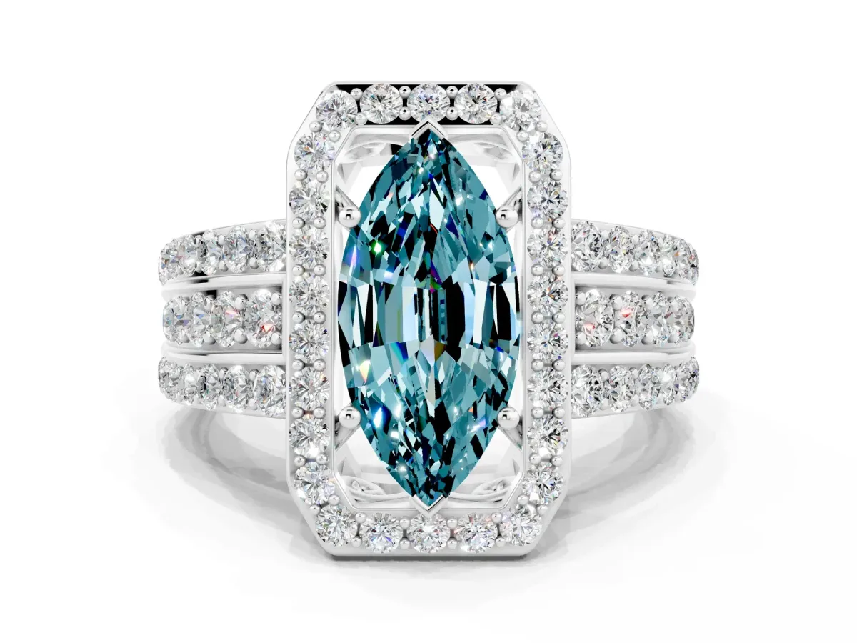 Marquise Cut Halo Blue Topaz Ring with Round Split Shank and Prong Setting Silver
