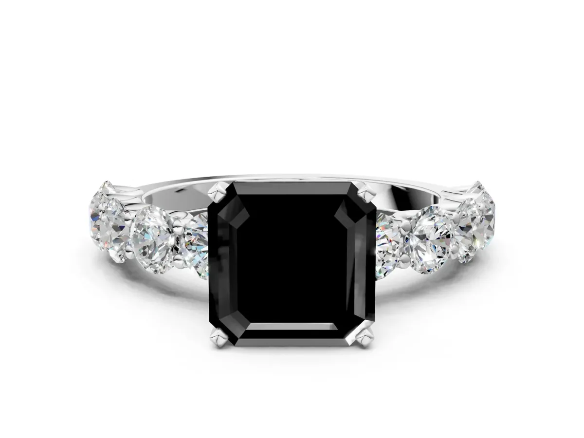 Fancy Black Asscher Cut Diamond Prong Setting with Side Stones on a Pave Band Silver