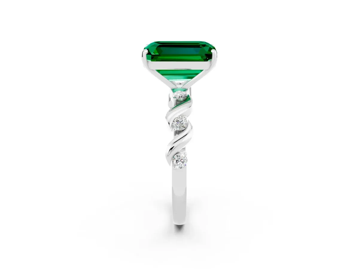 Emerald Cut Emerald Solitaire Twisted Band with Round Accents and Prong Setting Silver