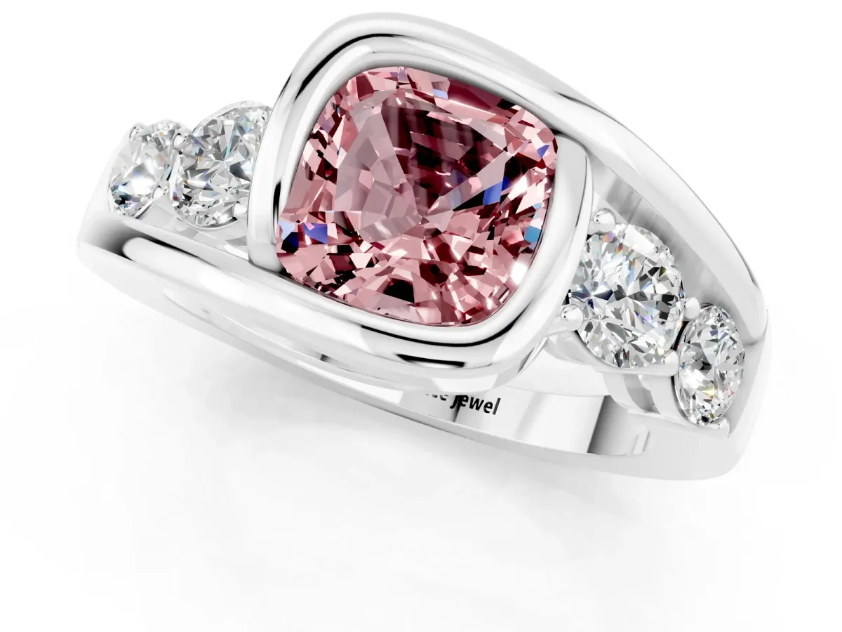 Bezel Set Cushion Cut Morganite Bypass Ring with Round Accents Platinum