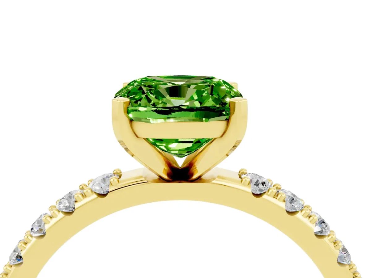 Cushion Cut Peridot Solitaire Pavé Band with Four-Prong Setting Yellow gold