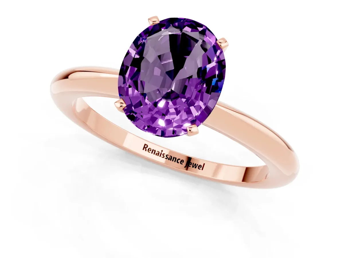 Oval Cut Amethyst Solitaire Ring with Six-Prong Setting and Classic Band Rose gold