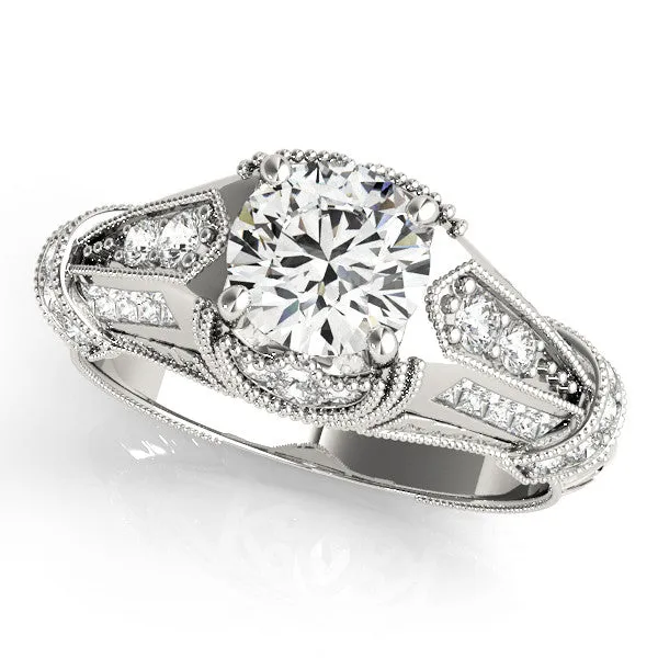 Vintage Milgrain Round Cut Diamond Split Shank Ring with Prong Setting Silver