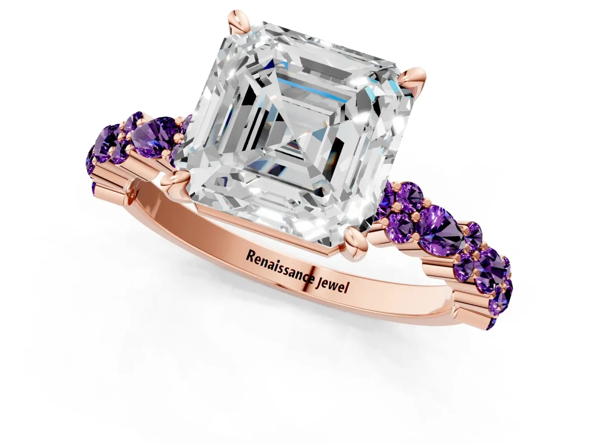 Asscher Cut Diamond Side Stone Solitaire Ring with Round Amethyst and Four-Prong Setting Rose gold