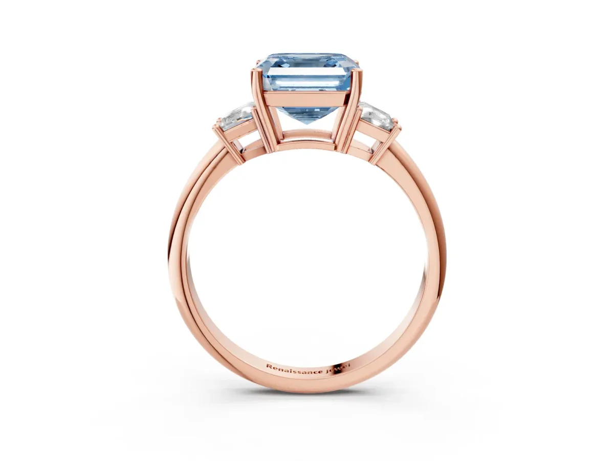 Fancy Blue Asscher Cut Diamond Three-Stone Ring with Trapezoid Side Stones and Prong Setting Rose gold