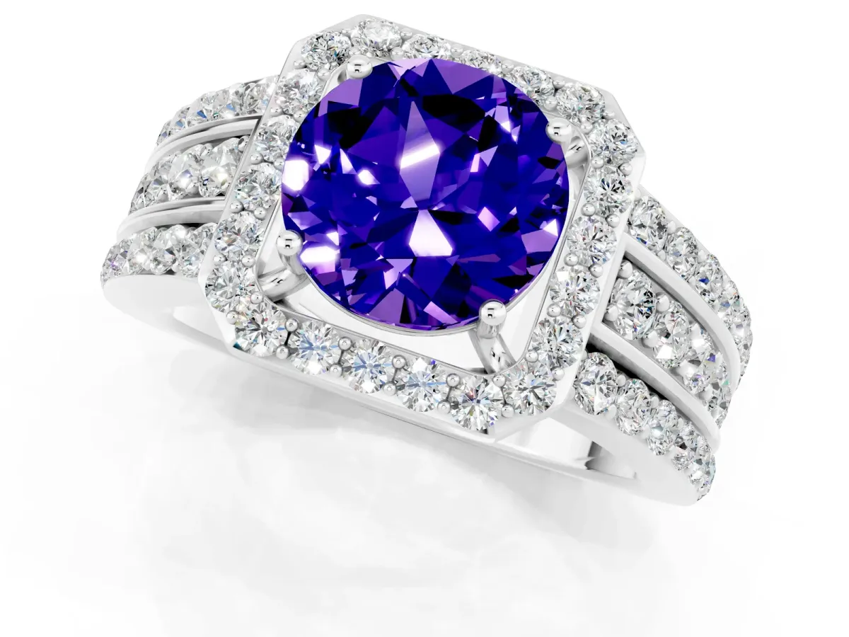 Round Cut Halo Tanzanite Ring with Round Split Shank and Prong Setting Silver