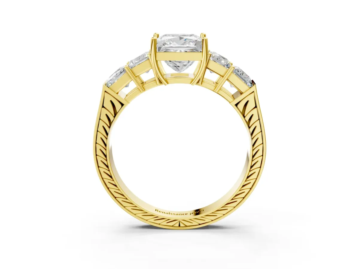 Princess Cut Solitaire Princess Side Stone Engraved Band Prong Setting Ring Yellow gold