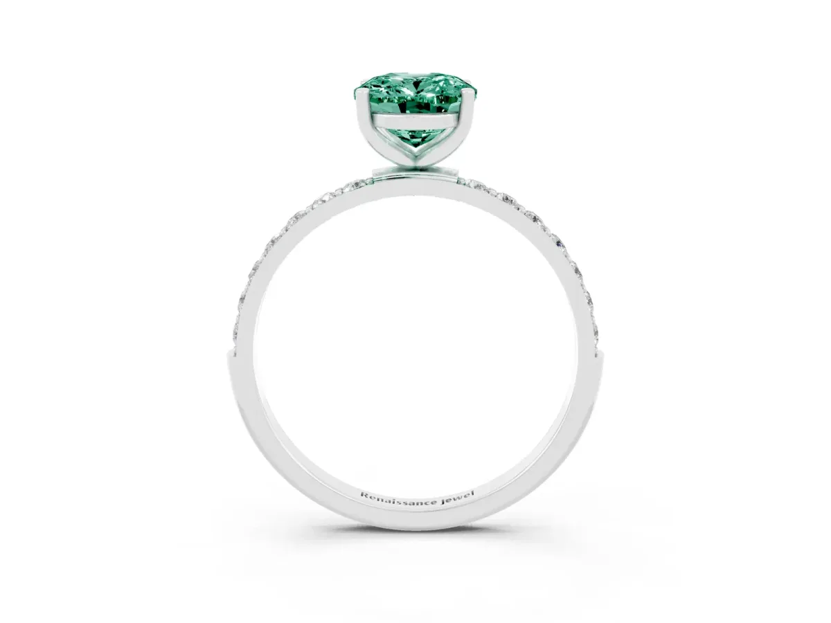 Oval Cut Green Sapphire Solitaire Ring with Round Pavé Band and Prong Setting Silver